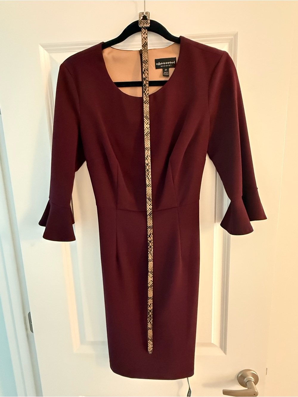 Tahari ASL Burgundy Midi Sheath Dress with Ruffle Three-Quarter Sleeves